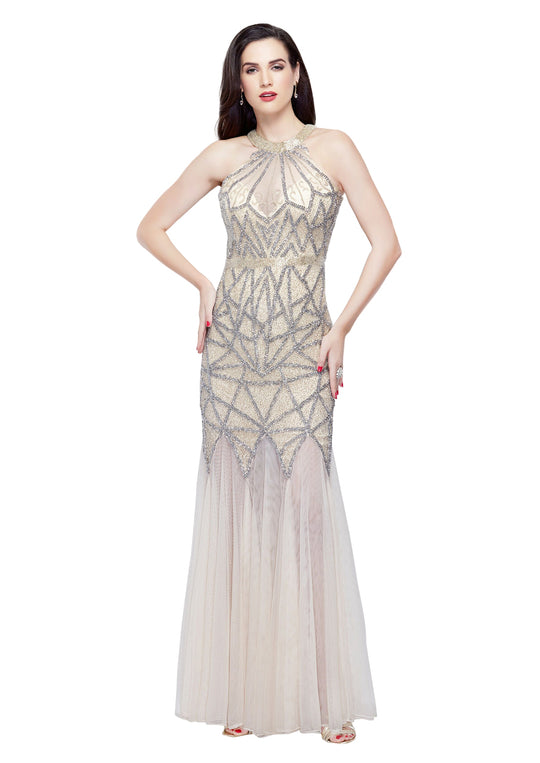 Primavera - 3033 Embellished High Halter Trumpet Dress in Neutral and Silver