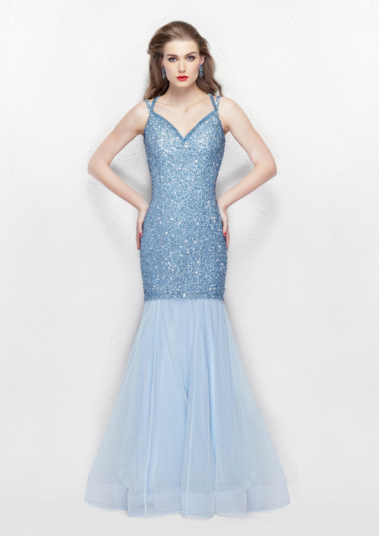 Primavera - 3039 Sparkling Sequined Sleeveless Mermaid Gown in Blue