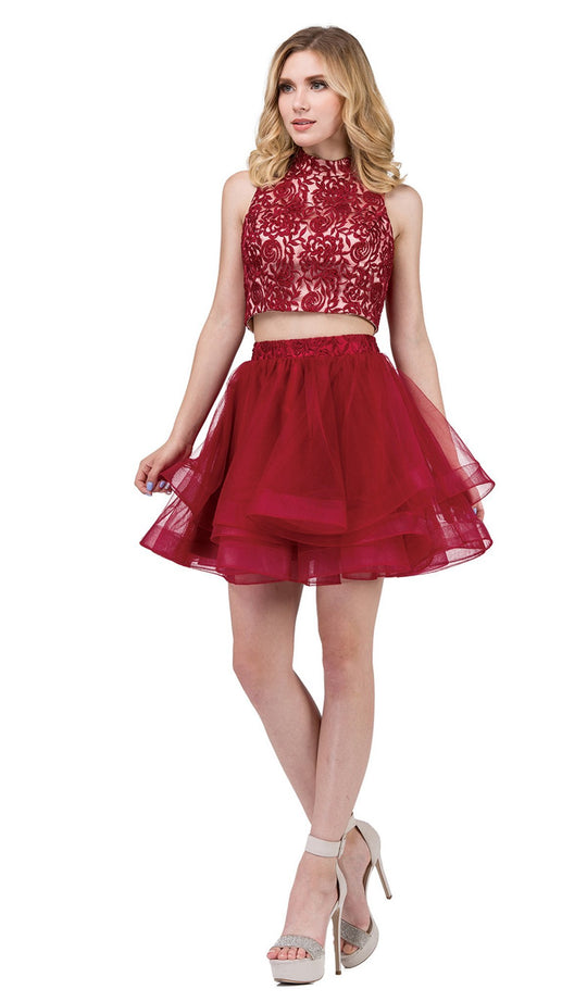 Dancing Queen - 3042 Two Piece Floral Embroidered Homecoming Dress in Red