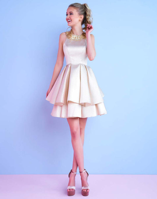 Mac Duggal Homecoming - 30445N Beaded Jewel Neck Pleated Dress in Gold