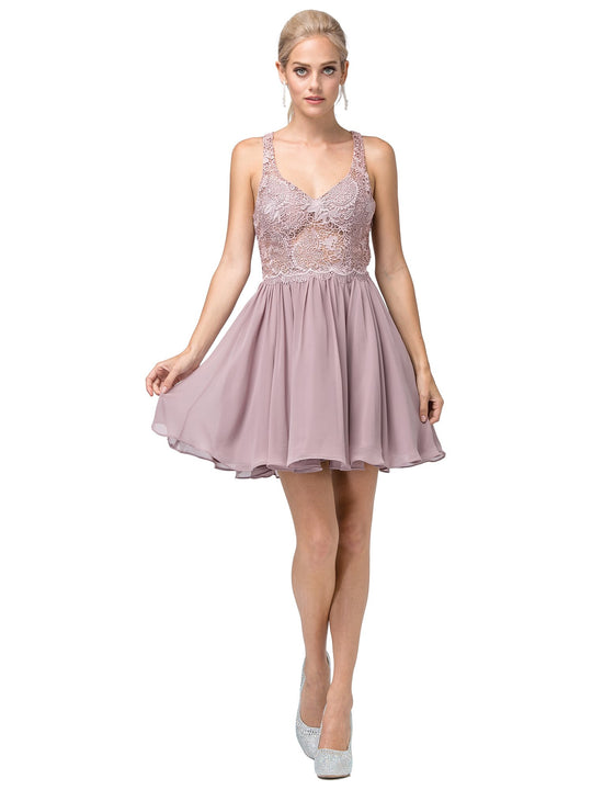 Dancing Queen - 3044 Lace Embroidered V-neck A-line Dress In Brown