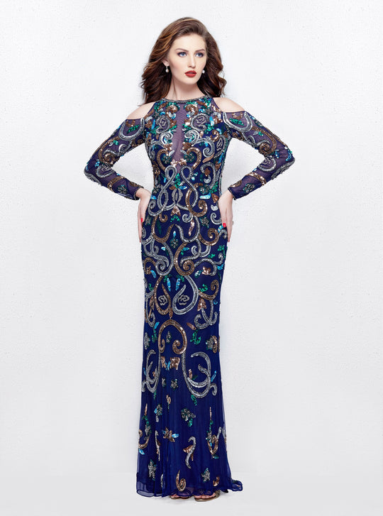 Primavera - 3044 Sequined Jewel Long Sleeves Gown in Blue
