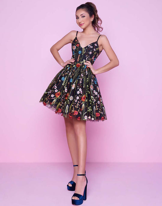 Mac Duggal Colorful Floral Short Dress 30495N In Black and Multi-Color