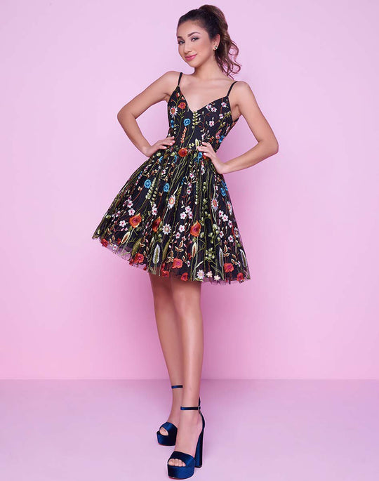 Mac Duggal Homecoming - 30495N Colorful Floral Short Dress in Black and Multi-color