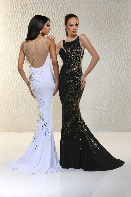 Xcite Prom - 30504 Fitted Scoop Embellished Evening Gown in Black and White