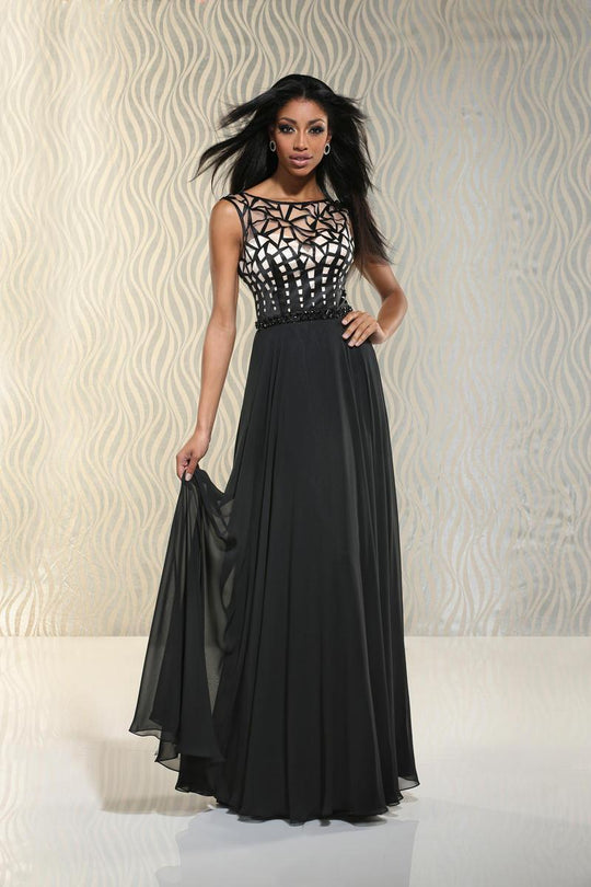 Xcite Prom - Bateau Neckline Sheer Geometric Gown 30506 in Black and Neutral