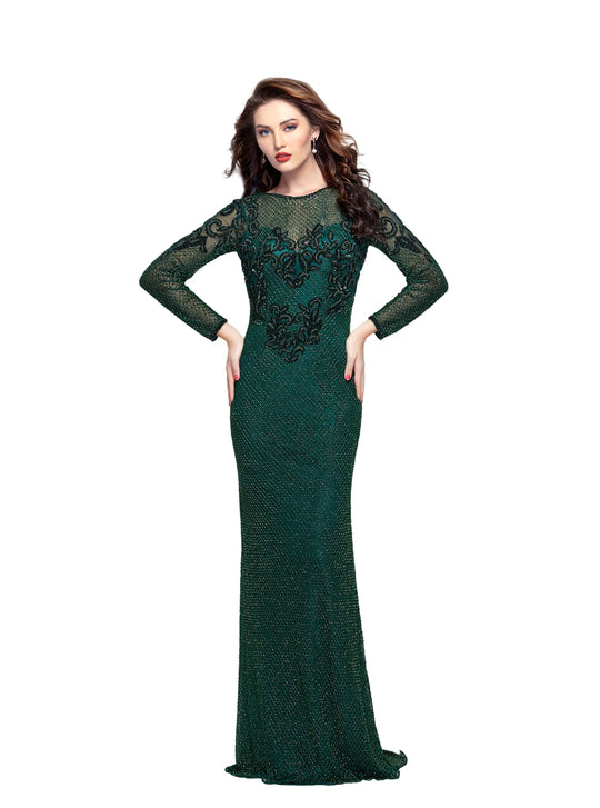 Primavera - 3051 Embellished Low Scoop Back Sheath Gown in Green
