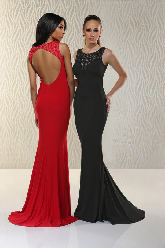 Xcite Prom - Scoop Neckline Bare Back Slim  Gown 30530 in Red and Black