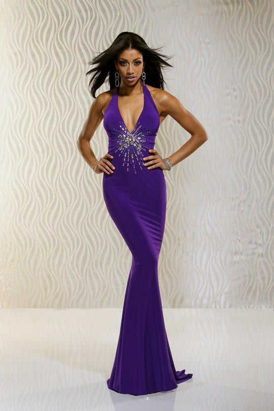 Xcite Prom - Plunging Halter Long Dress 30554 in Purple