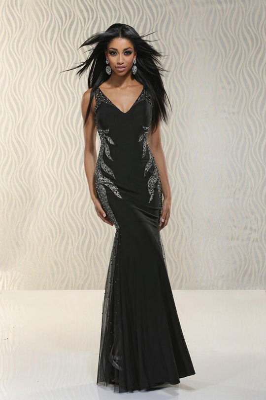 Xcite Prom - Sheer Embellished V-Neckline  Gown 30557 in Black