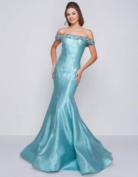 Cassandra Stone - 30577A Embellished Off Shoulder Taffeta Mermaid Gown in Blue and Green