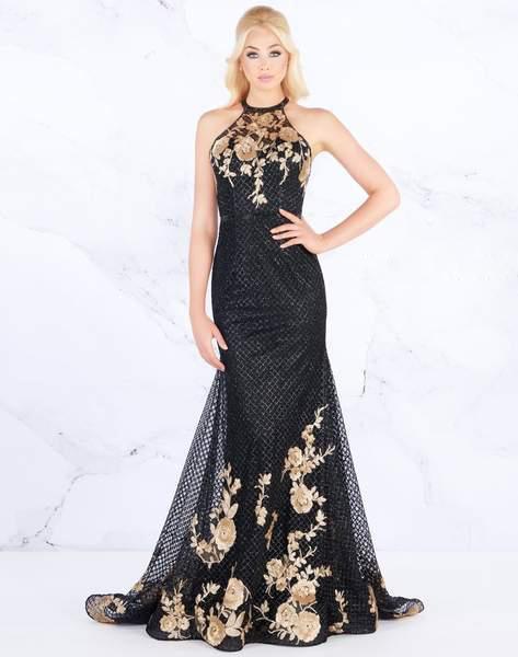 Mac Duggal Prom - 30578M Beaded Halter Strappy Back Embellished Gown In Black and Gold
