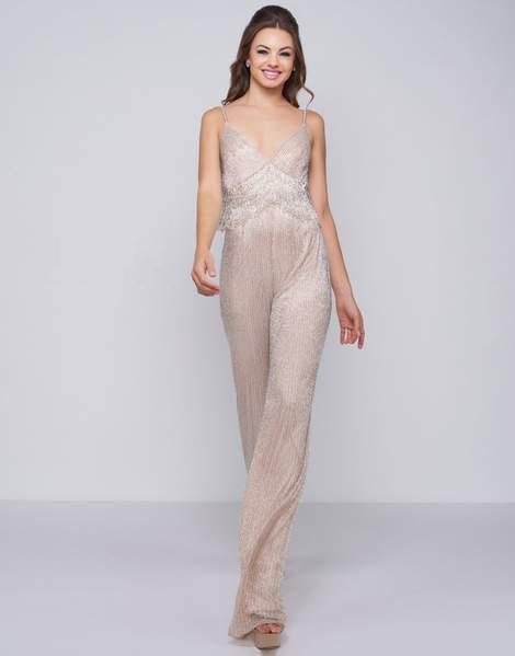 Mac Duggal Black White Red - 4742R Shimmery Plunging V-neck Jumpsuit In Nude