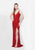 Primavera - 3057 Shimmering Deep V-Cut Evening Gown in Red