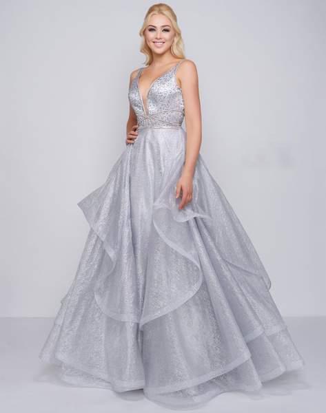 Mac Duggal Prom - 30589M Sequined Plunging Neck Tiered Ballgown In Silver
