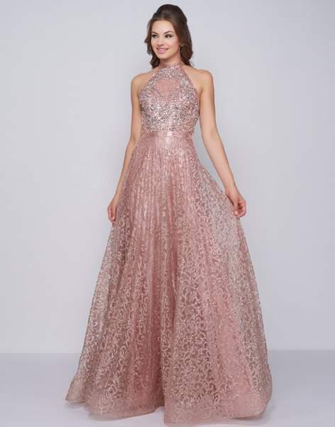 Mac Duggal Prom - 30596M Floral Beaded High Halter Evening Gown In Pink and Gold