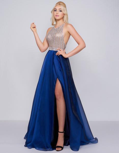 Cassandra Stone - 30592A Sparkly Strappy Back Sleeveless A-Line Gown In Blue and Neutral