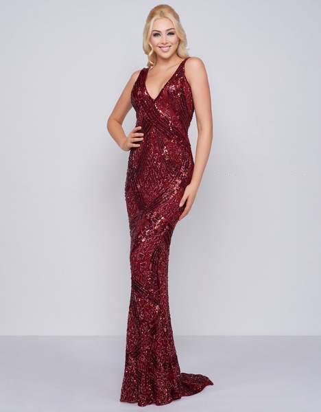 Cassandra Stone - 4436A V Neck Sequin Ornate Draped Back Evening Gown In Red