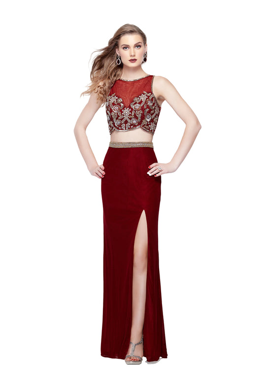 Primavera - 3063 Two-Piece Beaded Bateau Evening Gown in Red