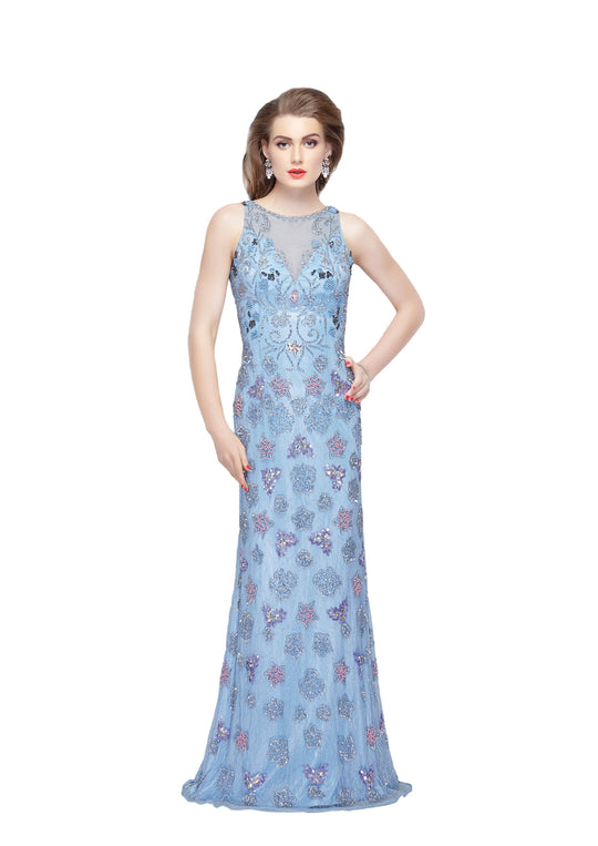 Primavera - 3067 Shimmering Embellishment Sheath Gown in Blue and Multi-Color