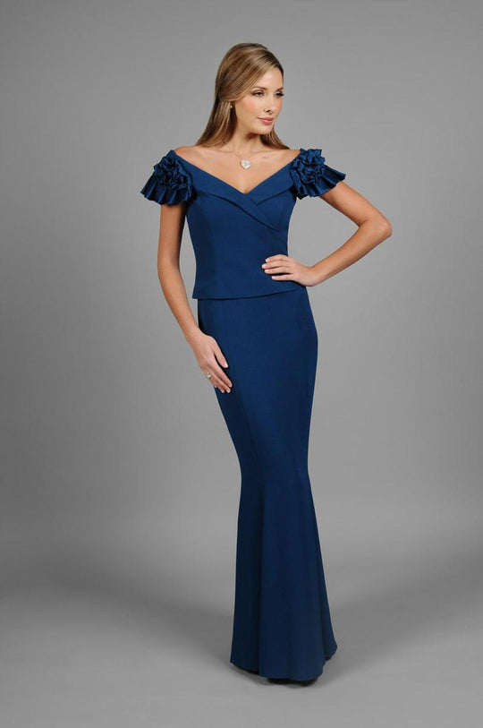 Daymor Couture - Ruffled Cap Sleeved Evening Gown 306 in Blue