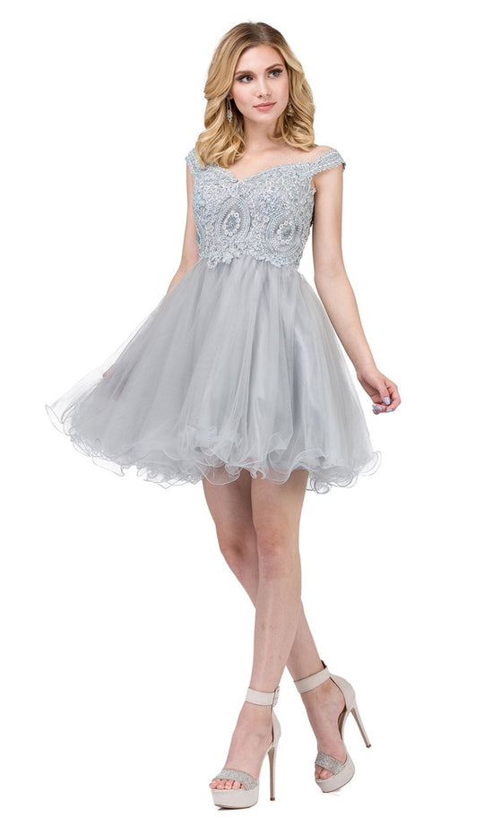 Dancing Queen - 3070 Beaded Lace Fit And Flare Cocktail Dress In Silver