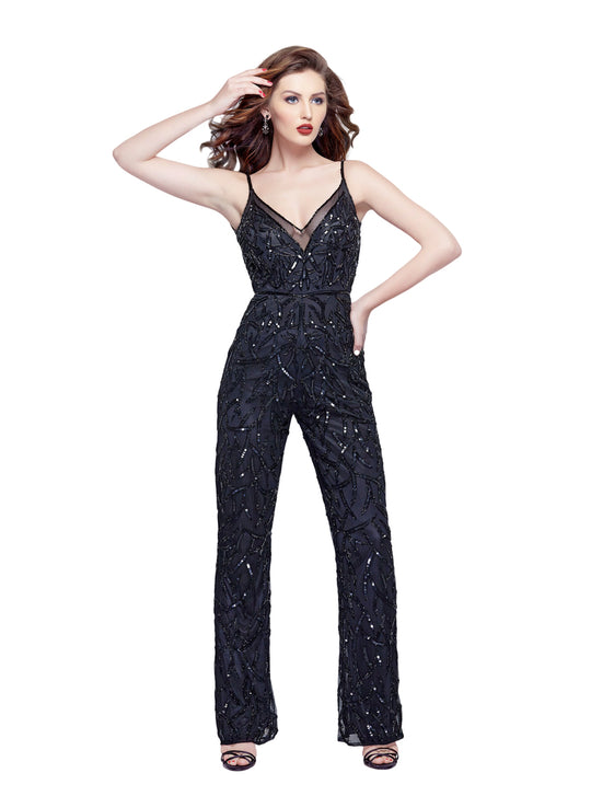 Primavera - 3072 Thin Strap Embellished Jumpsuit in Black