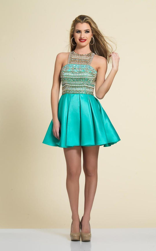 Dave & Johnny - 3075 Beaded Cut-In Halter Cocktail Dress in Blue and Green