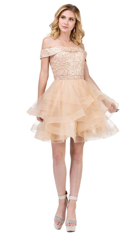Dancing Queen - 3079 Off Shoulder Tiered Tulle Homecoming Dress in Neutral
