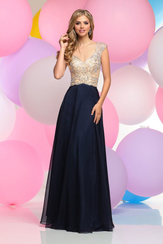 Zoey Grey - Bead Embellished Cap Sleeve V-Neck Dress 30804 in Blue and Neutral