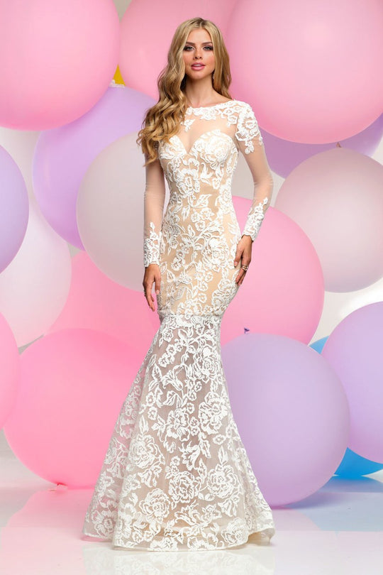 Zoey Grey - Laced Illusion High Neck Dress 30819 in White and Neutral