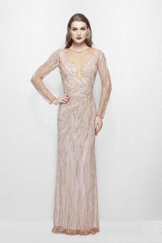 Primavera Couture - 3082 Beaded Illusion Jewel Fitted Dress In Neutral