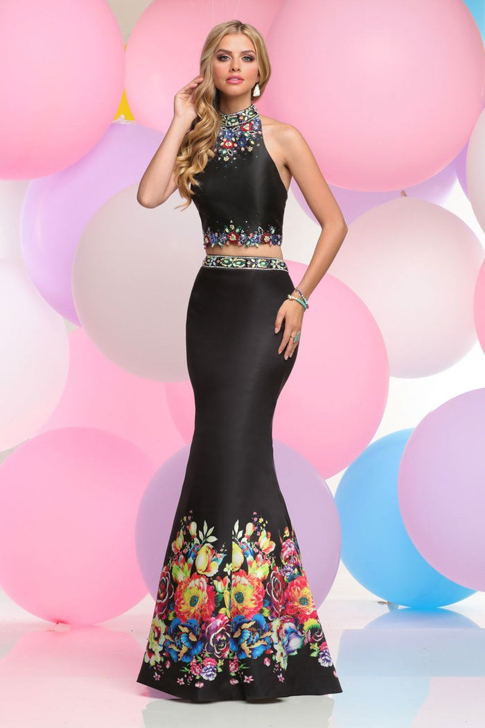 Zoey Grey - Two Piece Halter Long Gown 30835 in Black and Multi-Color