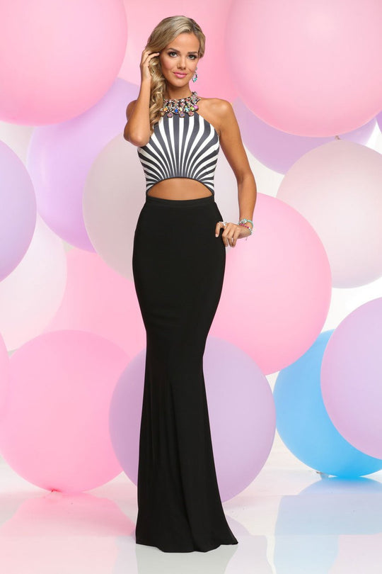 Zoey Grey - Striped High Halter Sheath Gown 30836 in Black and White
