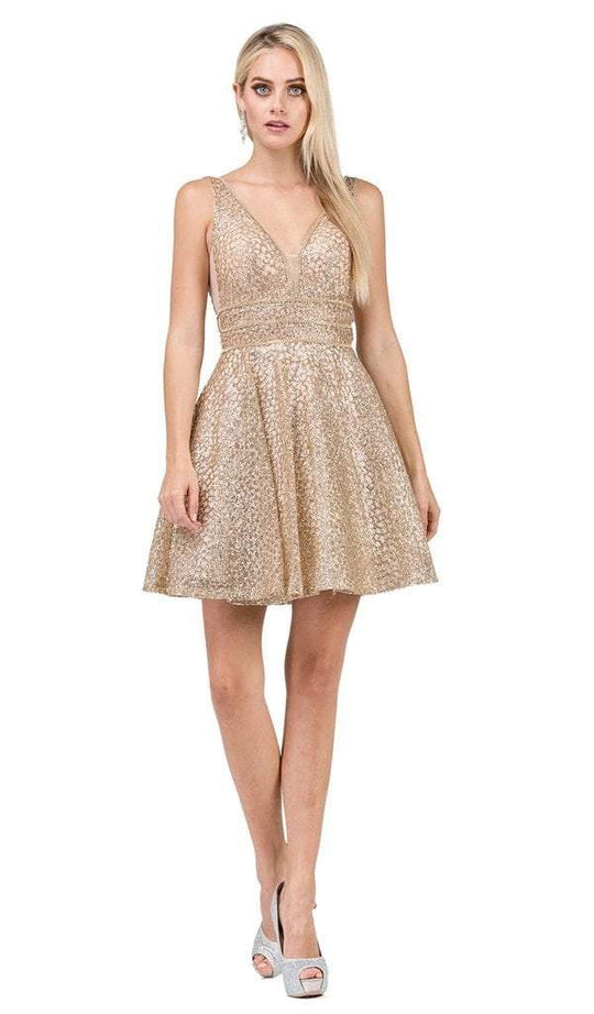 Dancing Queen - Plunging V-Neck A-Line Cocktail Dress 3086 In Gold