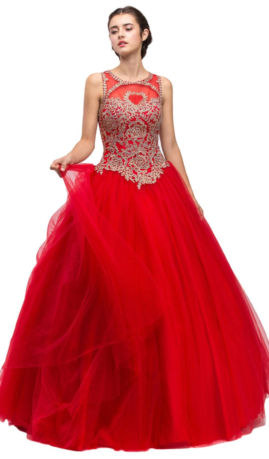 Eureka Fashion - 3088 Applique Jewel Neck Mesh Ballgown in Red and Gold