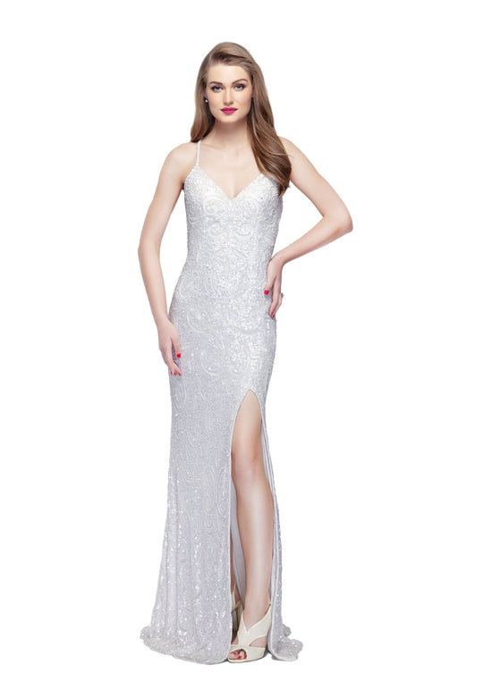 Primavera - 3093 Sparkling Embellished Sheath Gown in White