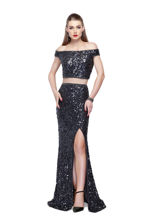 Primavera Couture - 3095 Off-Shoulder Two-Piece Sequined Gown in Gray