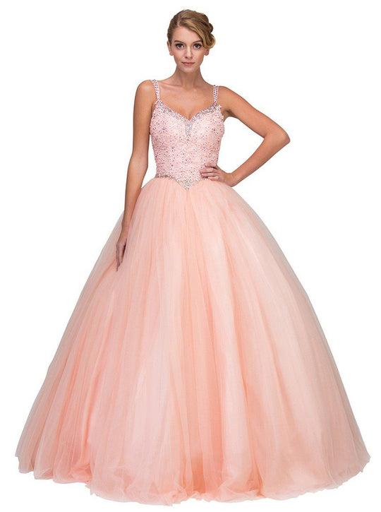 Eureka Fashion - 3099 Rhinestone Accented Lace V-neck Ballgown In Pink