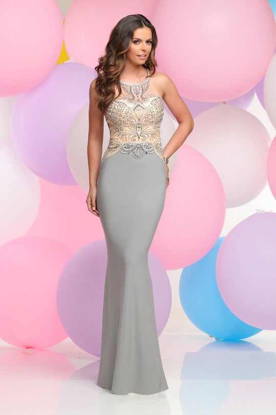Zoey Grey - Beaded Illusion High Neck Trumpet Dress 31024 in Gray and Neutral