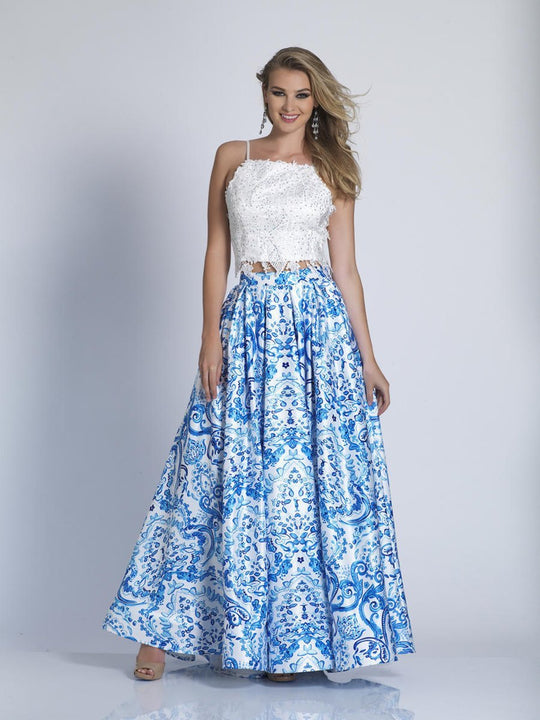 Dave & Johnny - 3103 Embellished Two Piece A-line Dress in Blue and Print