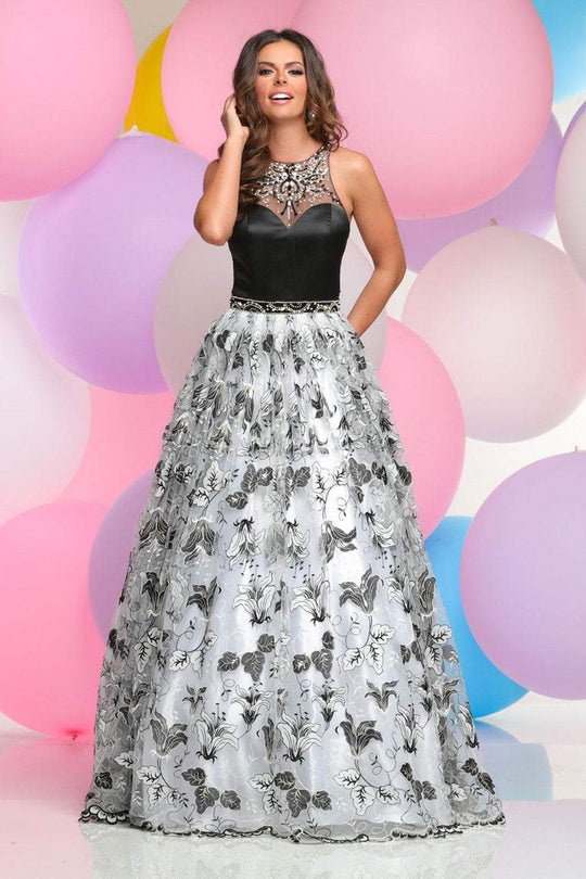 Zoey Grey - Sequined Halter Floral Long Gown 31051 in Black and White