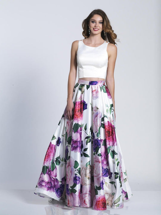 Dave & Johnny - 3108 Floral Printed Two Piece Scoop A-line Dress in White and Print