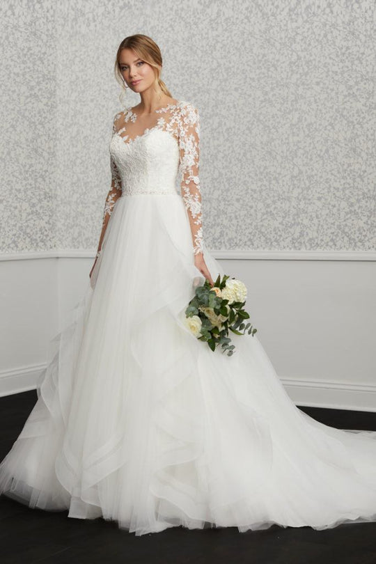 Adrianna Papell - 31107 Lace Long Sleeve Tulle A-line Gown In White and Neutral
