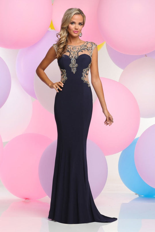 Zoey Grey - Jeweled Illusion High Neck Jersey Dress 31107 in Blue and Neutral