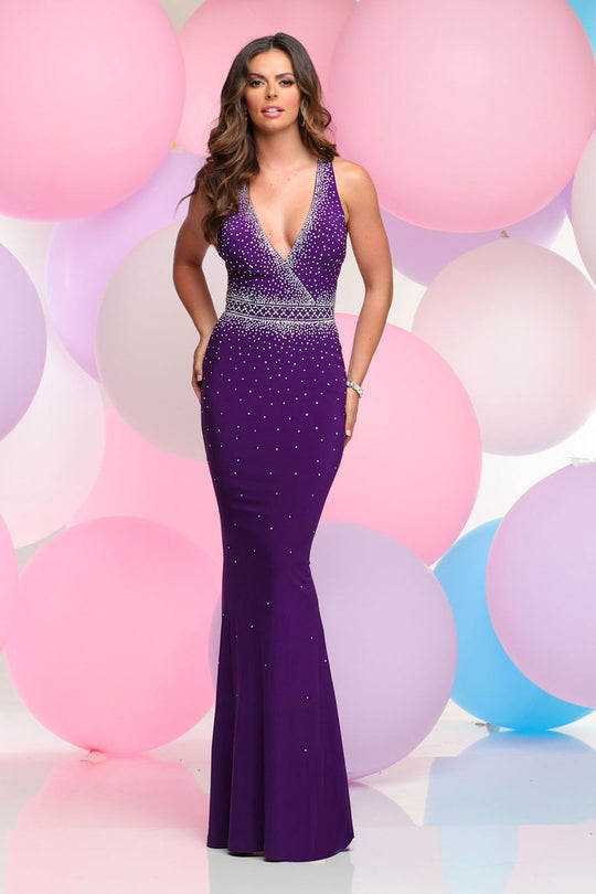 Zoey Grey - Bedazzled Plunging V Neck Gown 31108 in Purple