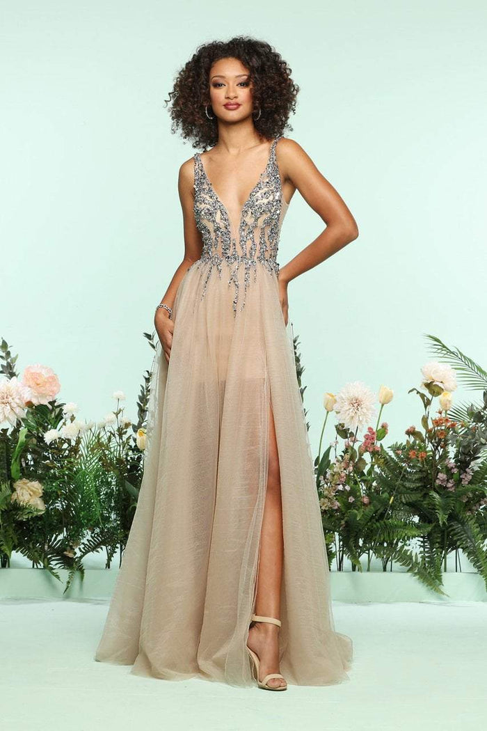 Zoey Grey - 31120 Beaded Deep V-neck Tulle A-line Dress In Gray and Neutral