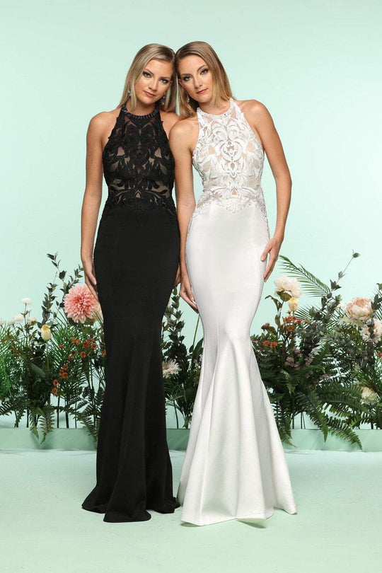 Zoey Grey - 31147 Beaded Lace Halter Neoprene Dress In Black and Neutral