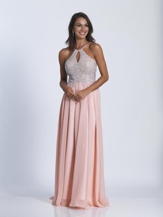 Dave & Johnny - 3114W Keyhole Cutout Halter A-Line Gown in Pink and Silver