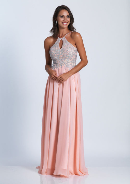 Dave & Johnny - 3114W Applique Halter A-line Dress With Train In Pink